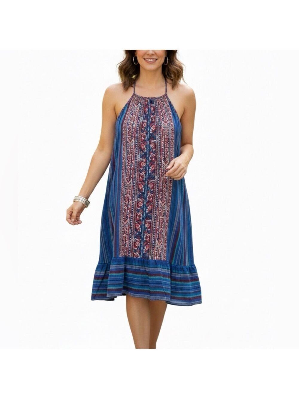 58. Monteau Boho Blue Stripe Mini Dress